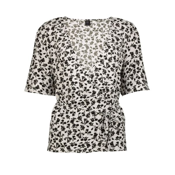 SHORT SLEEVE WRAP TOP IN ALL OVER FLORAL WHITE PRINT